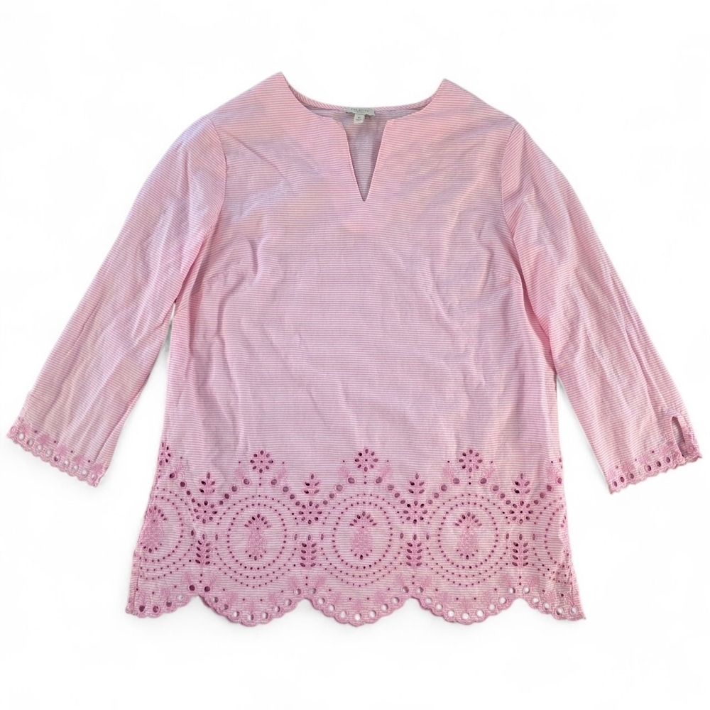 Talbots Petites Pink White Stripe Eyelet Hem Cotton Tunic – Women's Size M
